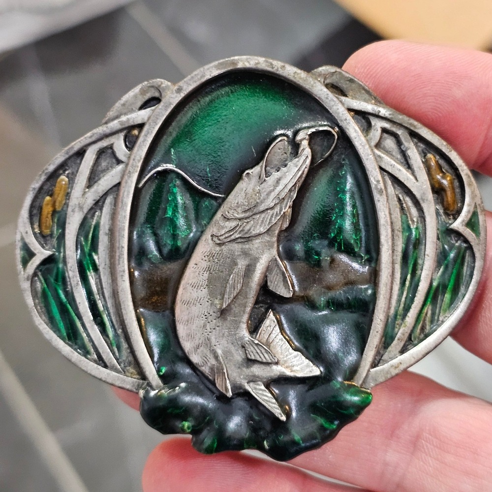 1985 Pike Bergamot Brass Works Fish Belt Buckle Enamel Muskie USA Made